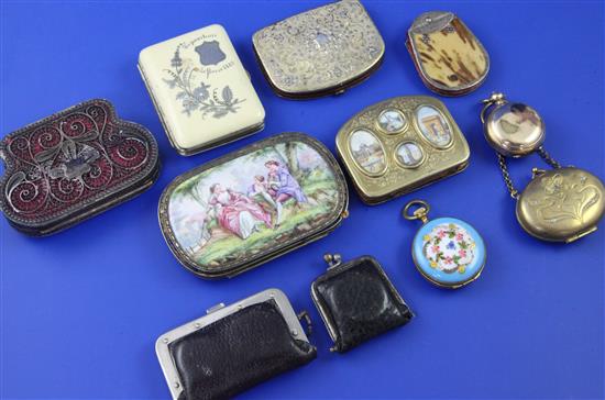 Silver and enamel purse, 8 other purses, sovereign case, fob watch
